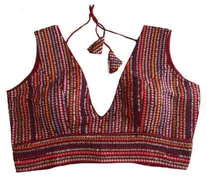 Vihu Fashion Womens Sleeveless Readymade sabyasachi Pattern V Neck Blouse Embroidery Work with Sequence Blouse Indian Ethnic we