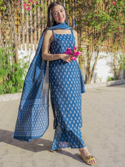 Libas WomenS Silk Blend Printed Kurta Sets (34301_Blue
