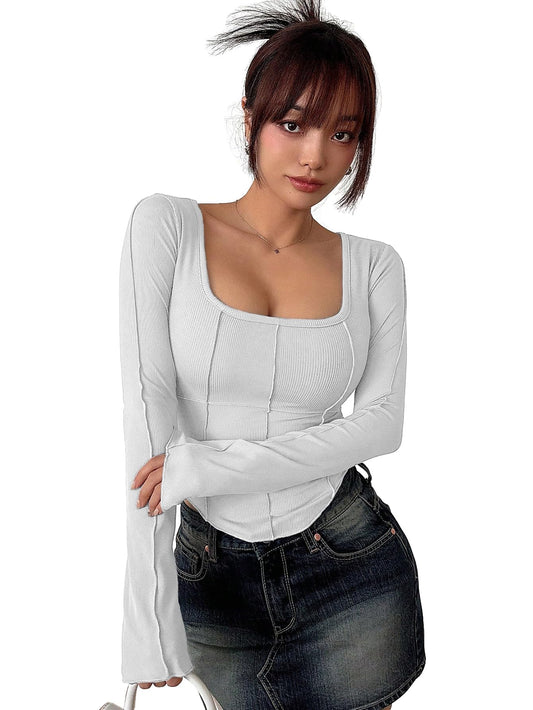 Sugathari Womens White Solid Long Sleeve Wrap-Style Square Split Crew Neck Bodycon Women T-Shirt Spring and Summer Top, Minimal