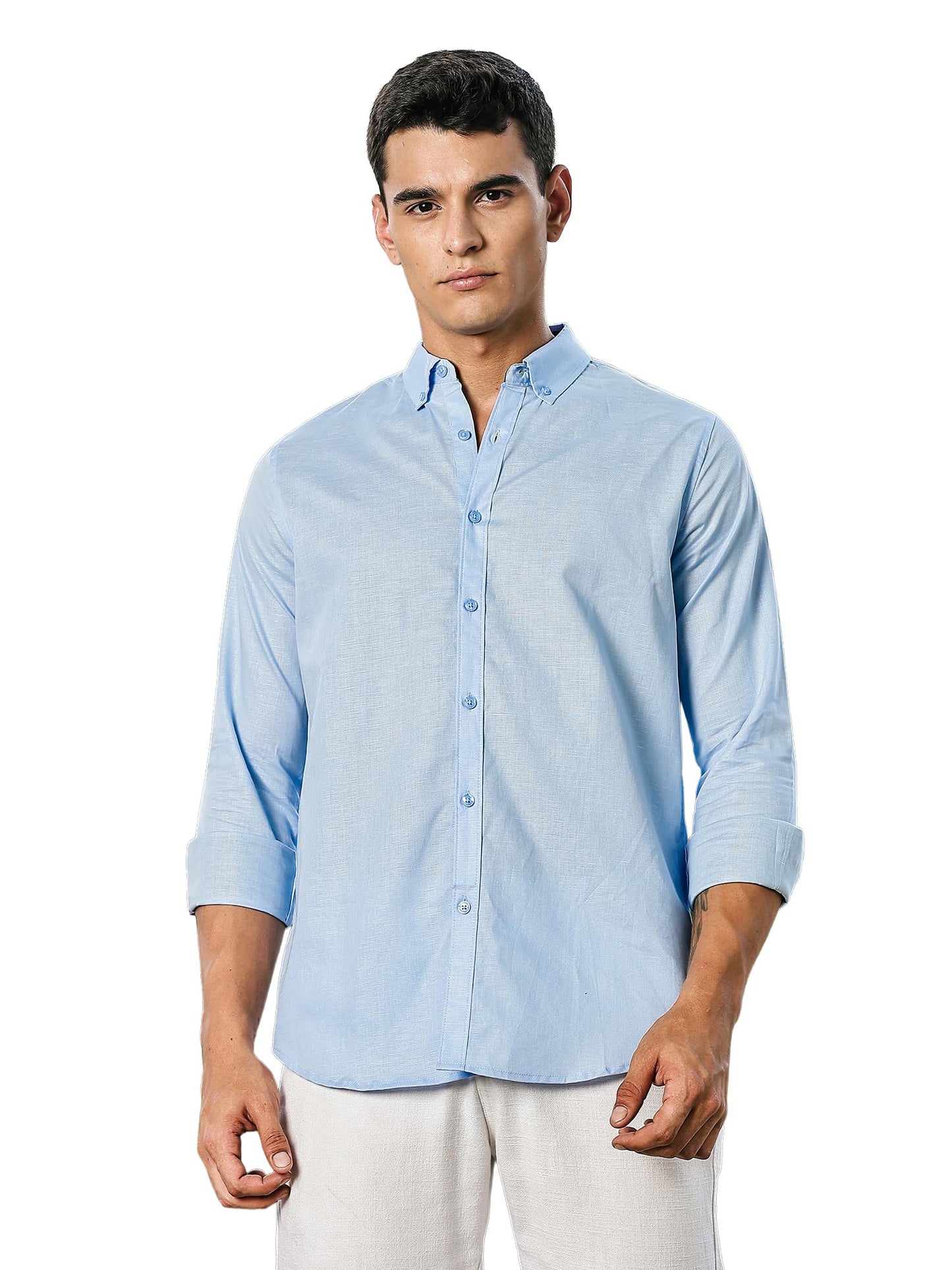 Thomas Scott Mens | Linen Blend | Solid | Button Down Collar | Premium Cotton Linen Blend | Full Sleeve | Casual Shirt for Men