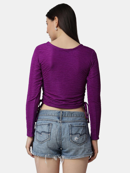 POPWINGS Casual Self Design Regular Fit Polyester Full Sleeves Crop Tops for Women with Crush String Purple