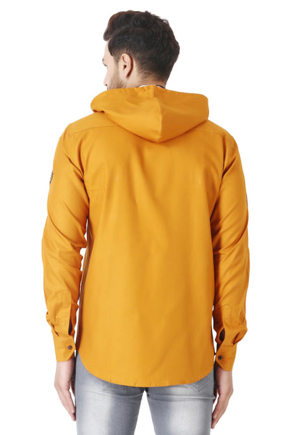 Besix MenS Orange Tailored Fit Cotton Blend Shirt For Man With Hoodie - Casual Long Sleeve Shirt With Pockets - Patch Detail Fo