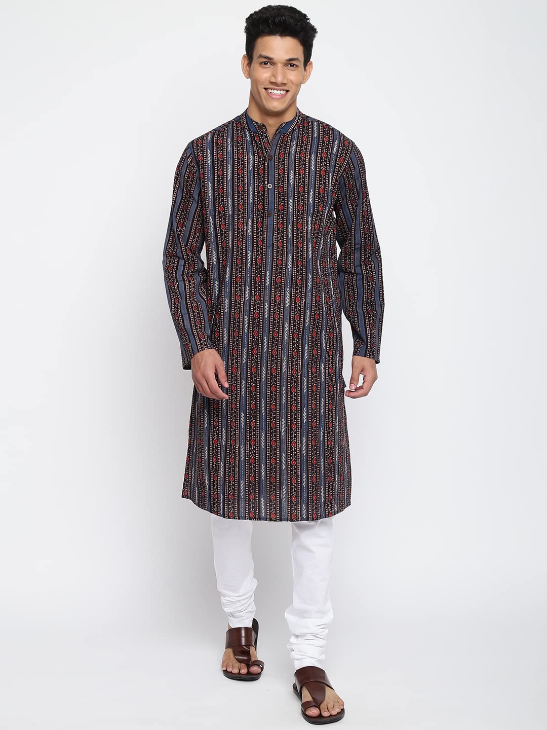 Fabindia Men Cotton Printed Slim Fit Long Kurta Grey_S