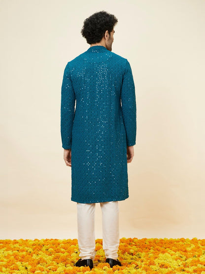 Manyavar Mens Blue Viscose Embroidered Kurta Pyjama Set