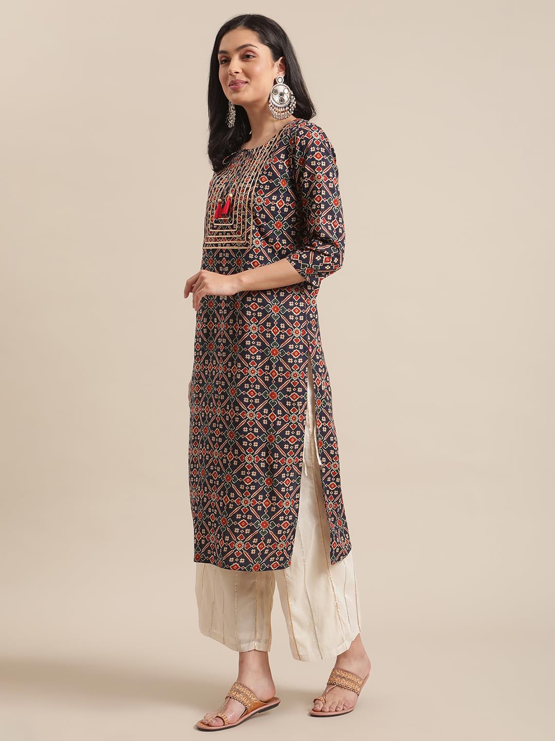 Varanga Women Blue and Beige Abstract Printed Kurta with Gota Work On Yoke and 3/4Th Sleeves