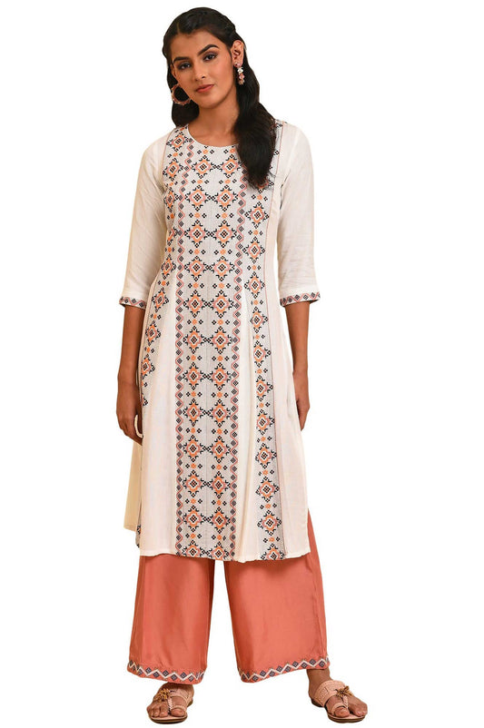 W for Woman Ecru Geometric Print Round Neck Summer Kurta