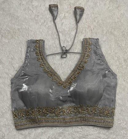 Vihu Fashion Womens Readymade Sleeveless blouseIndian Ethnic Designer Blouse Jimmy Choo Fabric Embroidered V Neck Blouse Back H