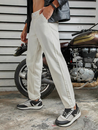 High Star Men Tapered Fit Mid-Rise Clean Look Cotton Jeans Beige