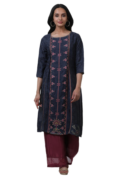 W Dark Blue Floral Printed Glitter WomenS Top Palazzo Set