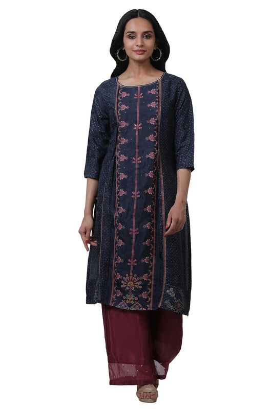 W Dark Blue Floral Printed Glitter WomenS Top Palazzo Set