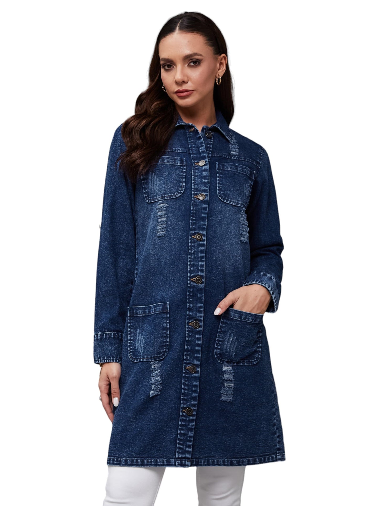 Miss Chase WomenS Solid Polo Neck Full Sleeves Denim Overcoat Knee Length Jacket (Mcaw23Den98-50-71-06, Navy Blue, Xl)
