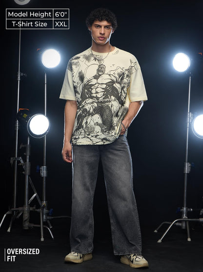 The Souled Store Hulk: Smashin Sketch 6.2 Men and Boys Short Sleeves Round Neck Off White Graphic Printed Cotton Oversized T-Sh