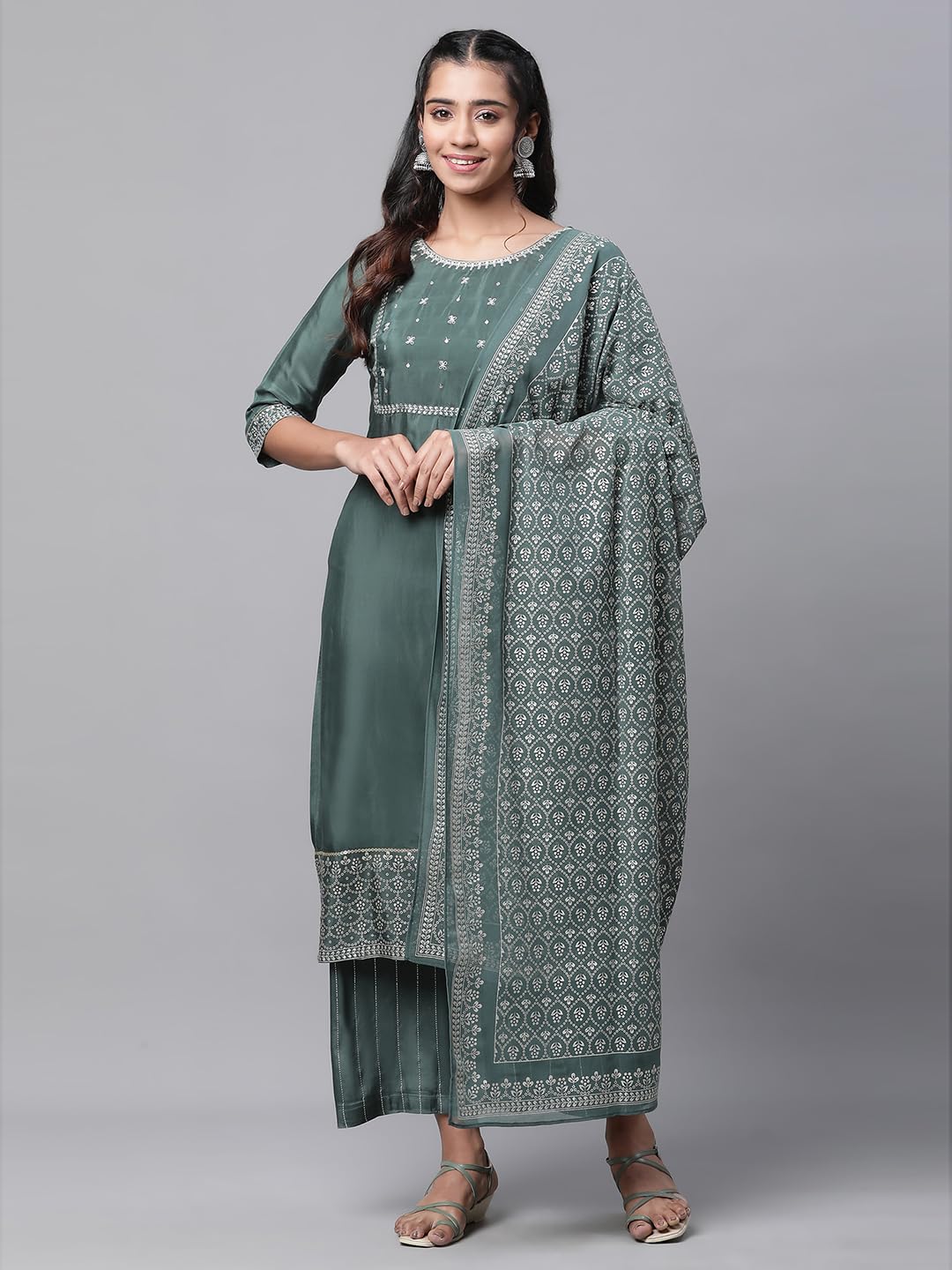 Aurelia Women's Embroidered Straight Kurta Set with Palazzos & Dupatta