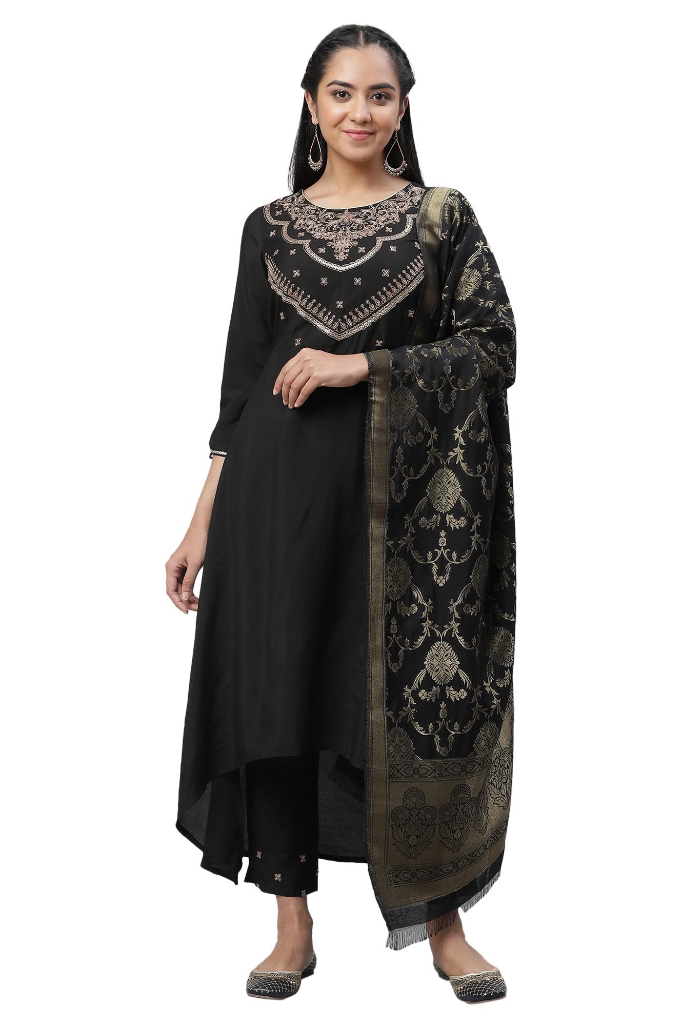 Aurelia Women's Black Zari Embellished Black Kurta, Pants & Dupatta Set_23AUD14224-704525_S