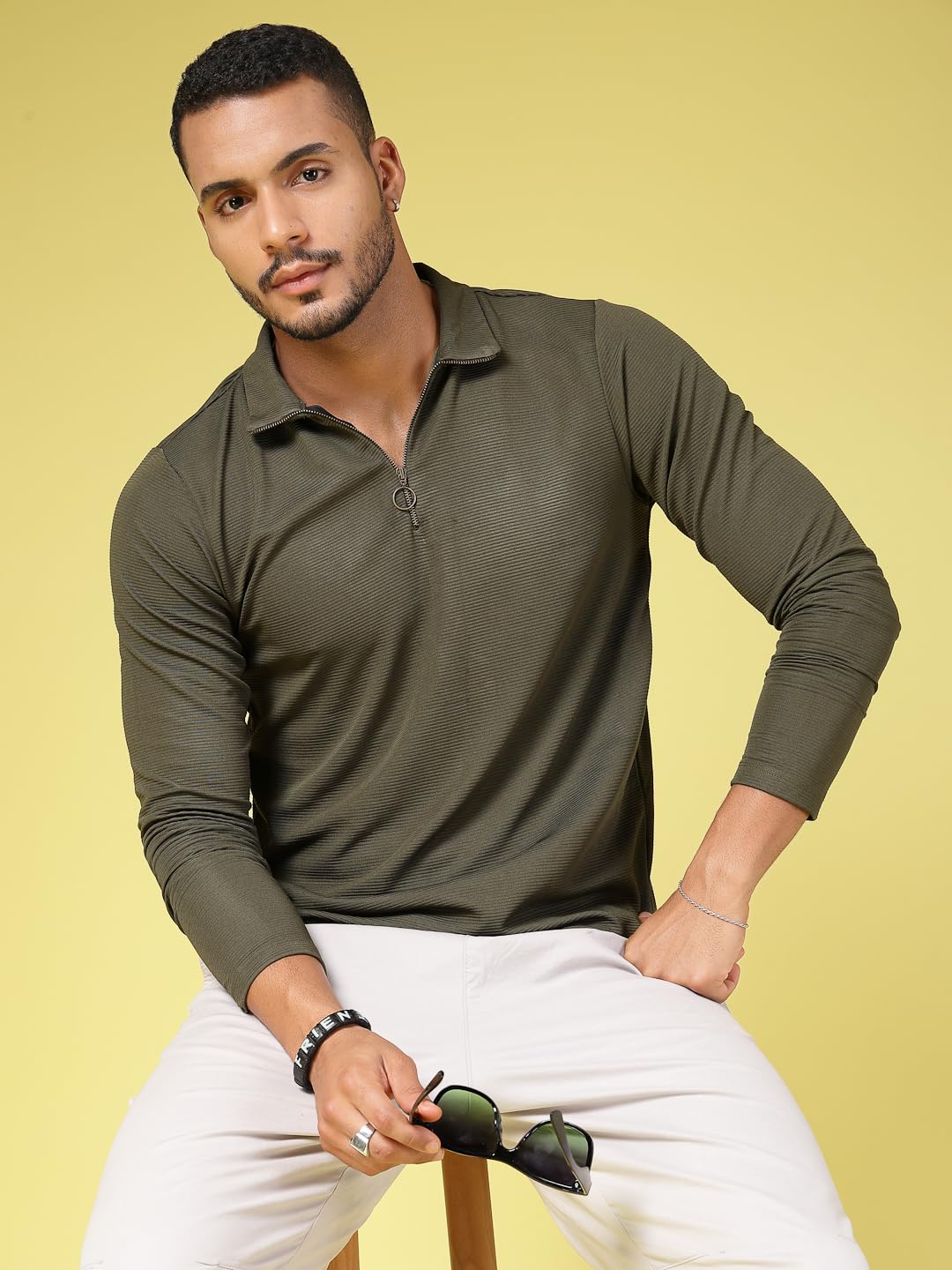 Rigo Polyester T-Shirt for Men | High Neck, Slim Fit T-Shirt for Men | Solid Casual T-Shirts Army Green
