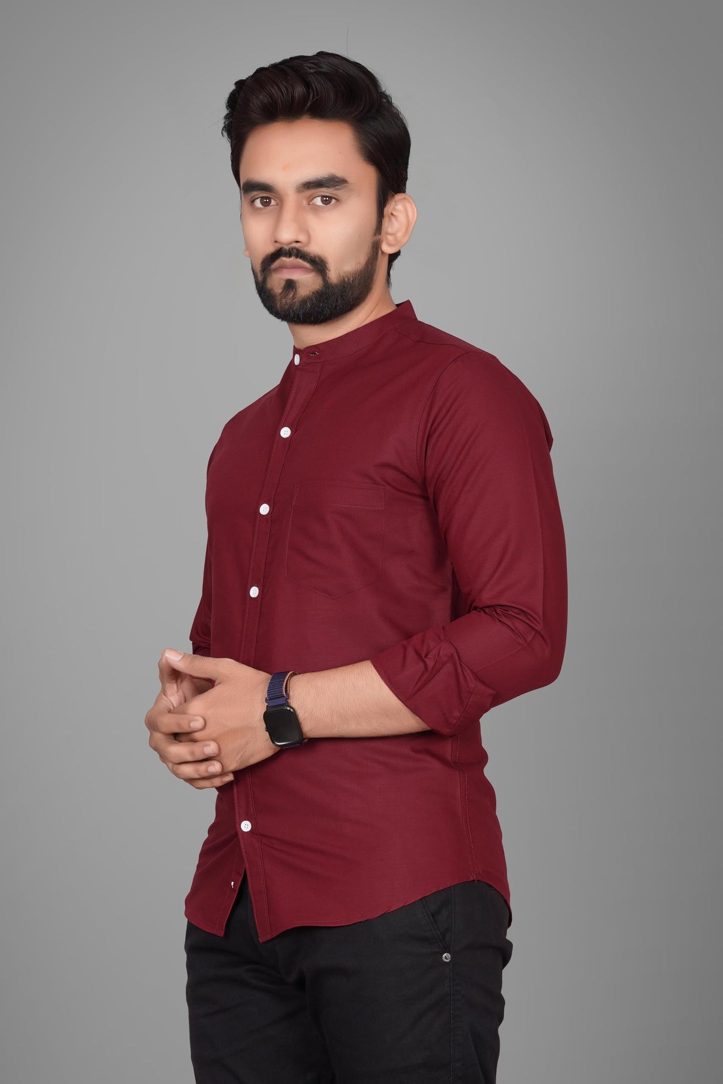 Besix MenS Cotton Solid Shirt With Mandarin Collared Full Sleeve Button Closure Curved Hem Straight Length And One Pocket | Mdr