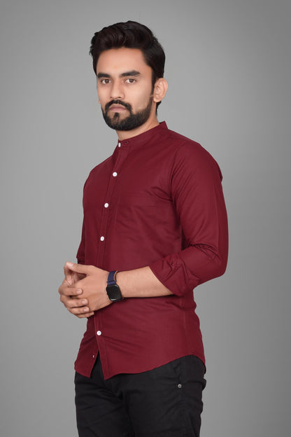 Besix MenS Cotton Solid Shirt With Mandarin Collared Full Sleeve Button Closure Curved Hem Straight Length And One Pocket | Mdr