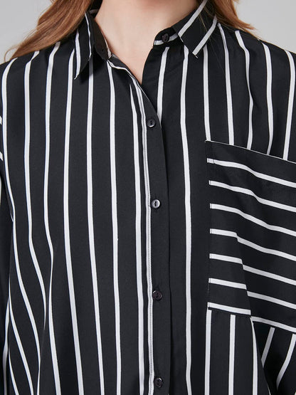 Style Quotient Women Black and White Stripe Printed Poly Crepe Oversized Casual Shirt