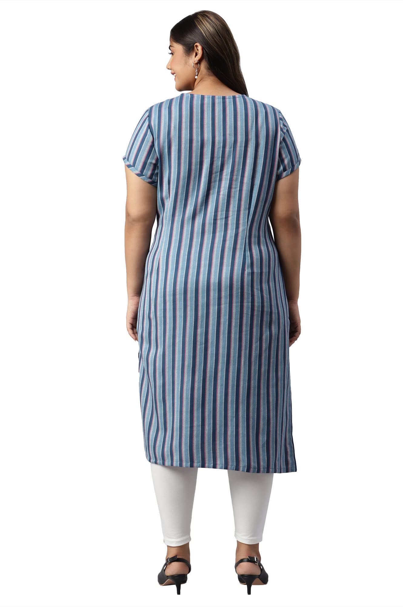 Aurelia Women Blue Cotton Stripes Yarn Dyed Straight Kurta