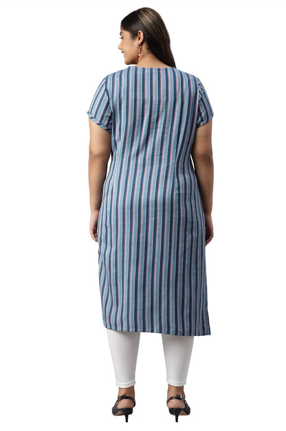 Aurelia Women Blue Cotton Stripes Yarn Dyed Straight Kurta