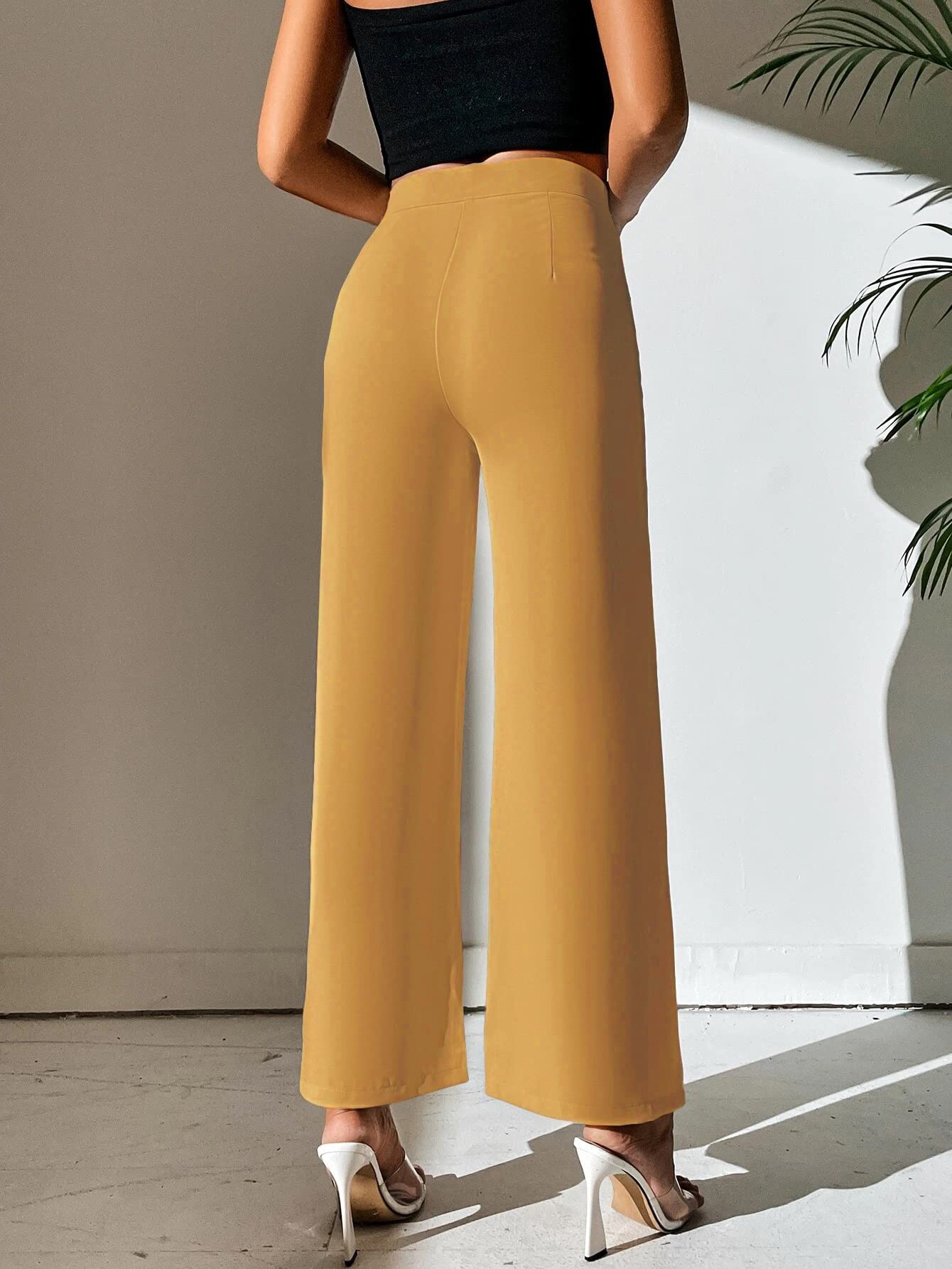 Shasmi Mustard Womens Dress Pants Stretchy Work Slacks Business Casual Office Bootcut Leg Elastic Waist Regular Fit Plazzo Trou