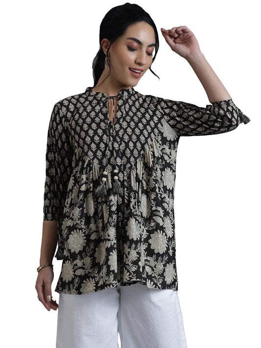 Libas Black Printed Cotton A-Line Kurti
