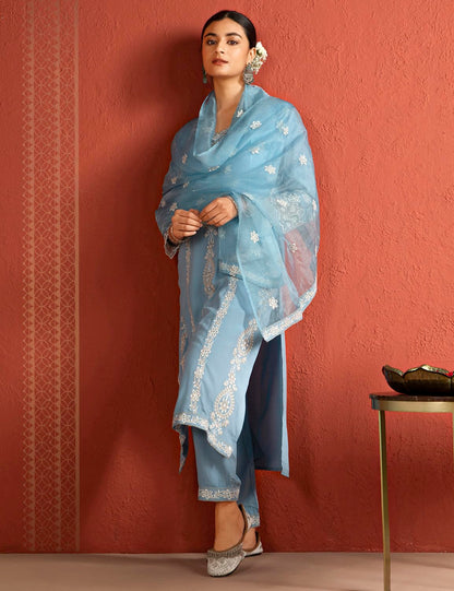 Kaari Rayon Staple 3 PCS Women Kurta Set (KAAAW26WSKD-82026_Jodhpur Blue