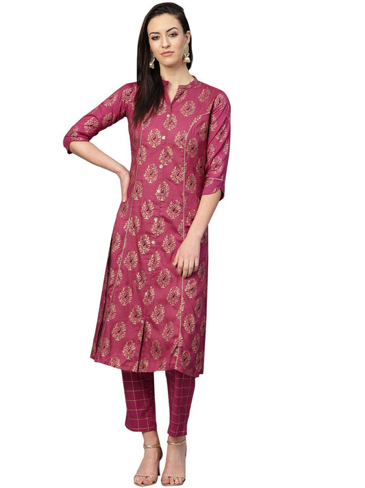 ishin Women's Pure Cotton Purple Printed & Gotta Patti A-Line Kurta suit set with Pant