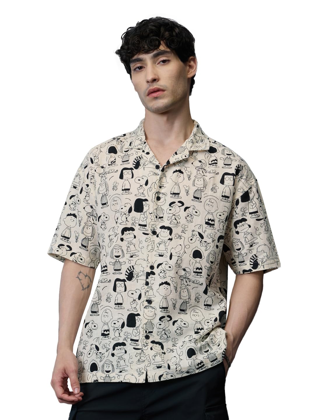 The Souled Store Peanuts: Characters Men and Boys Short Sleeves Collared Neck Button Front Off White All Over Printed Regular Fi
