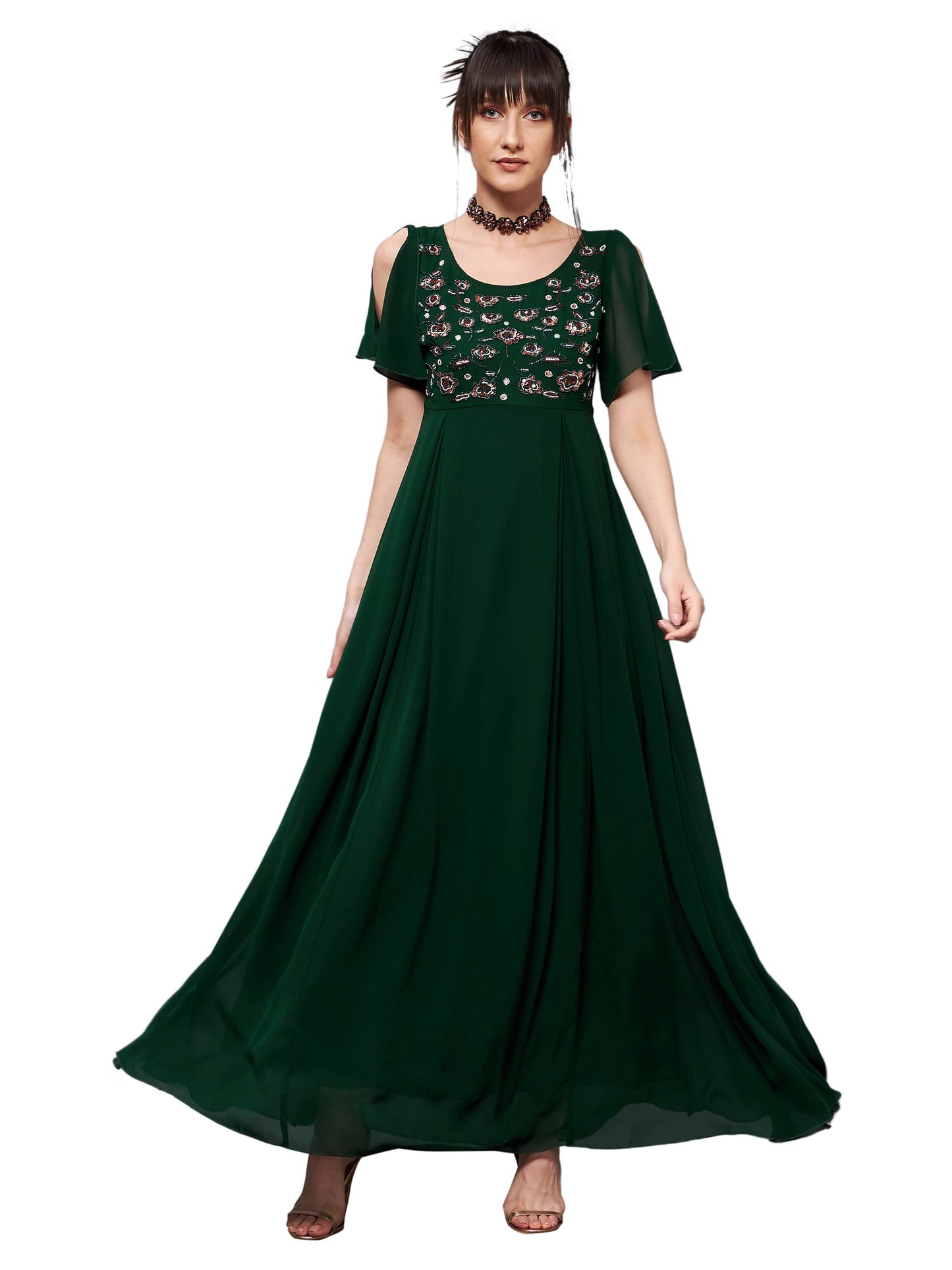 Miss Chase Womens Dark Green Round Short Slit Sleeve Solid Embellished Georgette Maxi Dress (MCSS22D06-50-42-05, Dark Green, L)