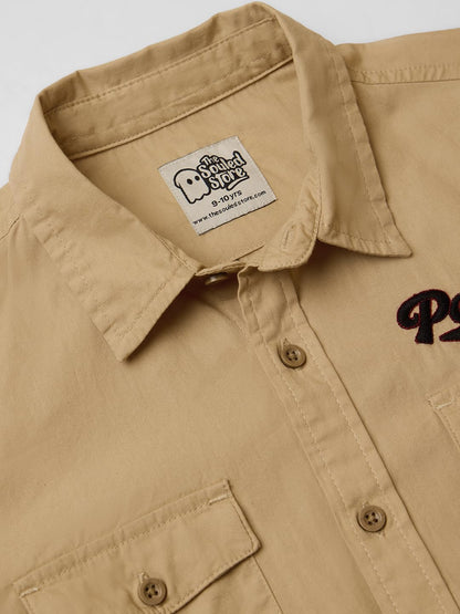 The Souled Store Peanuts: Good OlSnoopy Young Boys Cotton Long Sleeve Spread Collar Neck Button Front Regular Fit Shirts Beige