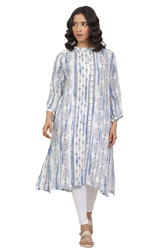 W for Woman White and Blue Printed Kurta and Pants Set