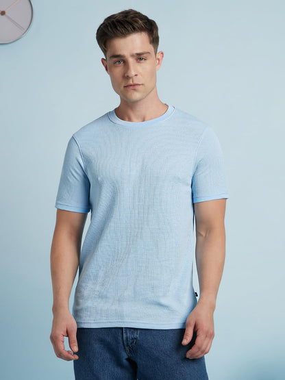 Dennis Lingo Men Cotton Blend Regular Fit Solid Textured T-Shirts Sky Blue