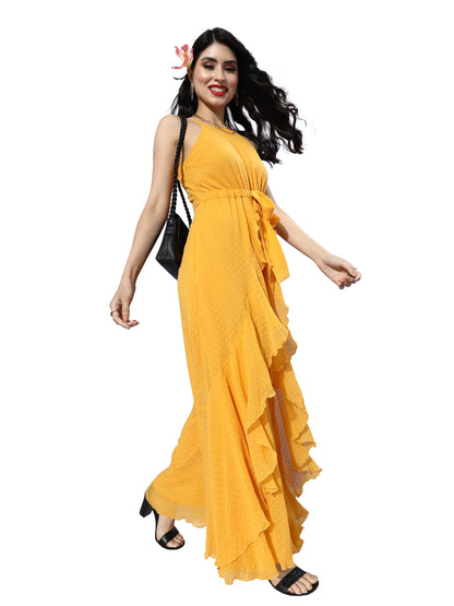 Miss Chase WomenS Mustard-Yellow Halter Neck Sleeveless Solid Ruffled Regular Jumpsuit (Mcaw21D99-63-183-06, Mustard-Yellow, Xl
