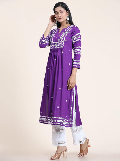 ANNI DESIGNER Women's Rayon Blend Chikankari Embroidered Straight Kurta (ELEVAN-BEGANI)