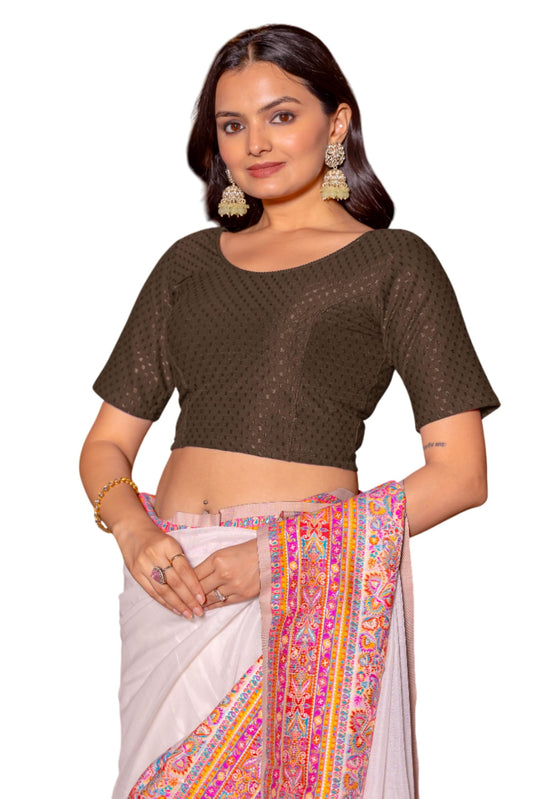 Jaanvi fashion Round Neck Dobby Cotton Lycra Stretchable Elbow Sleeve Readymade Saree Blouse for Women Stylish (Cotton-dobbi-Cof