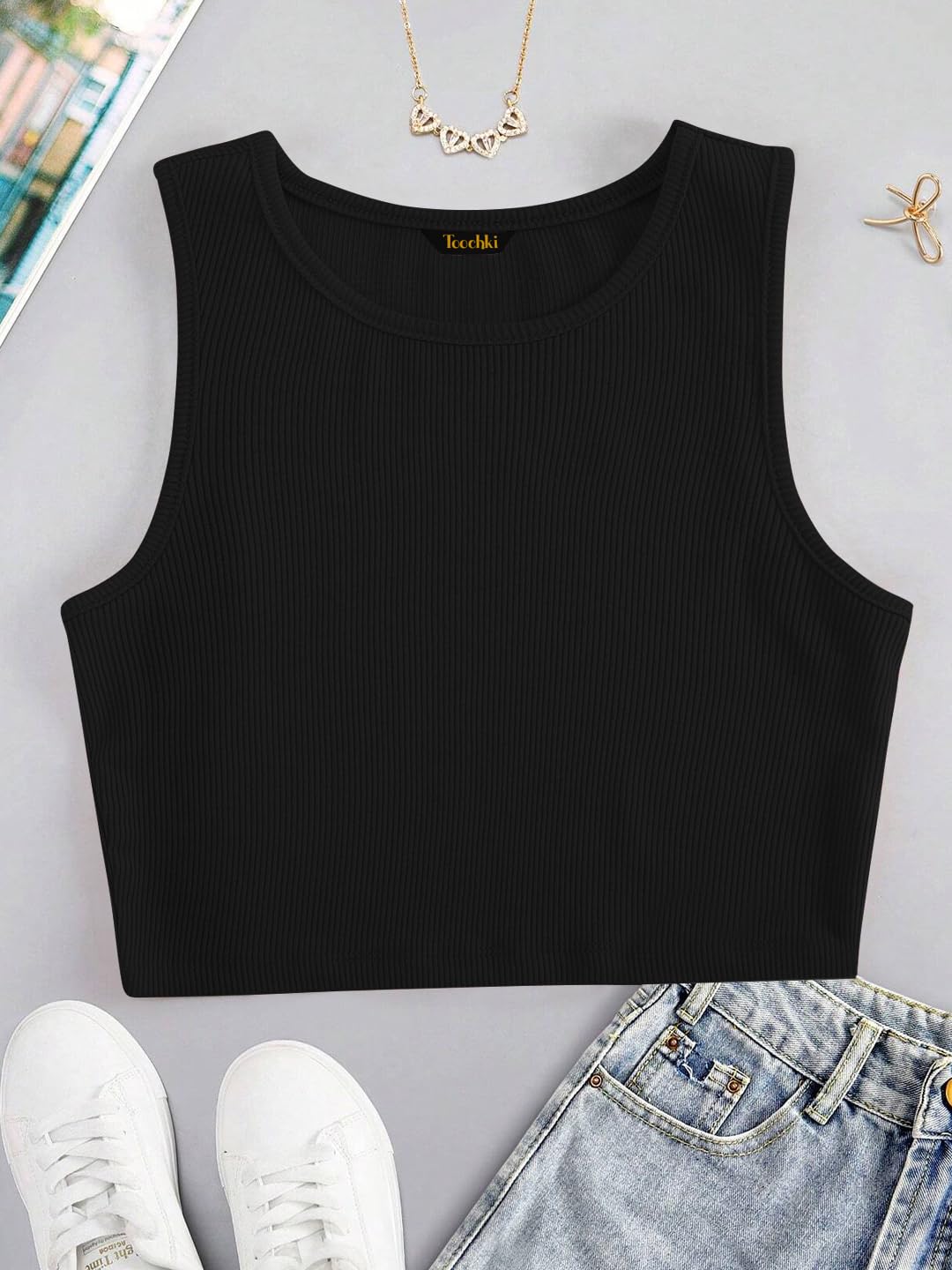 Toochki Tops for Woman | Spandex Top | Crop | Short | Western | for Jeans | Sleeveless | Stretchable Black