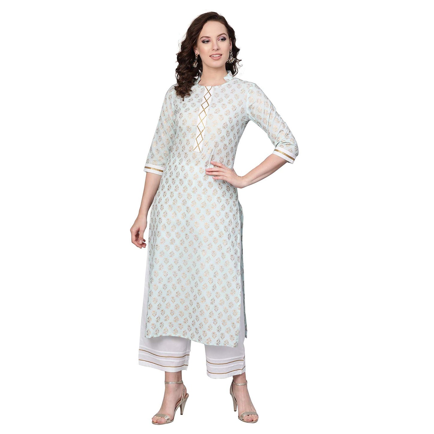 Idalia WomenS Sky Blue Khari Gold Printed Straight Cotton Kurta Set With Pant