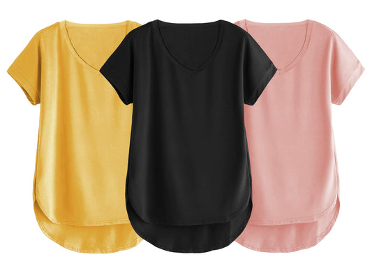 Fabricorn Combo Of Three Plain Black, Mustard Yellow And Dusty Rose V-Neck Up And Down Cotton Tshirt For Women (Black, Mustard Y
