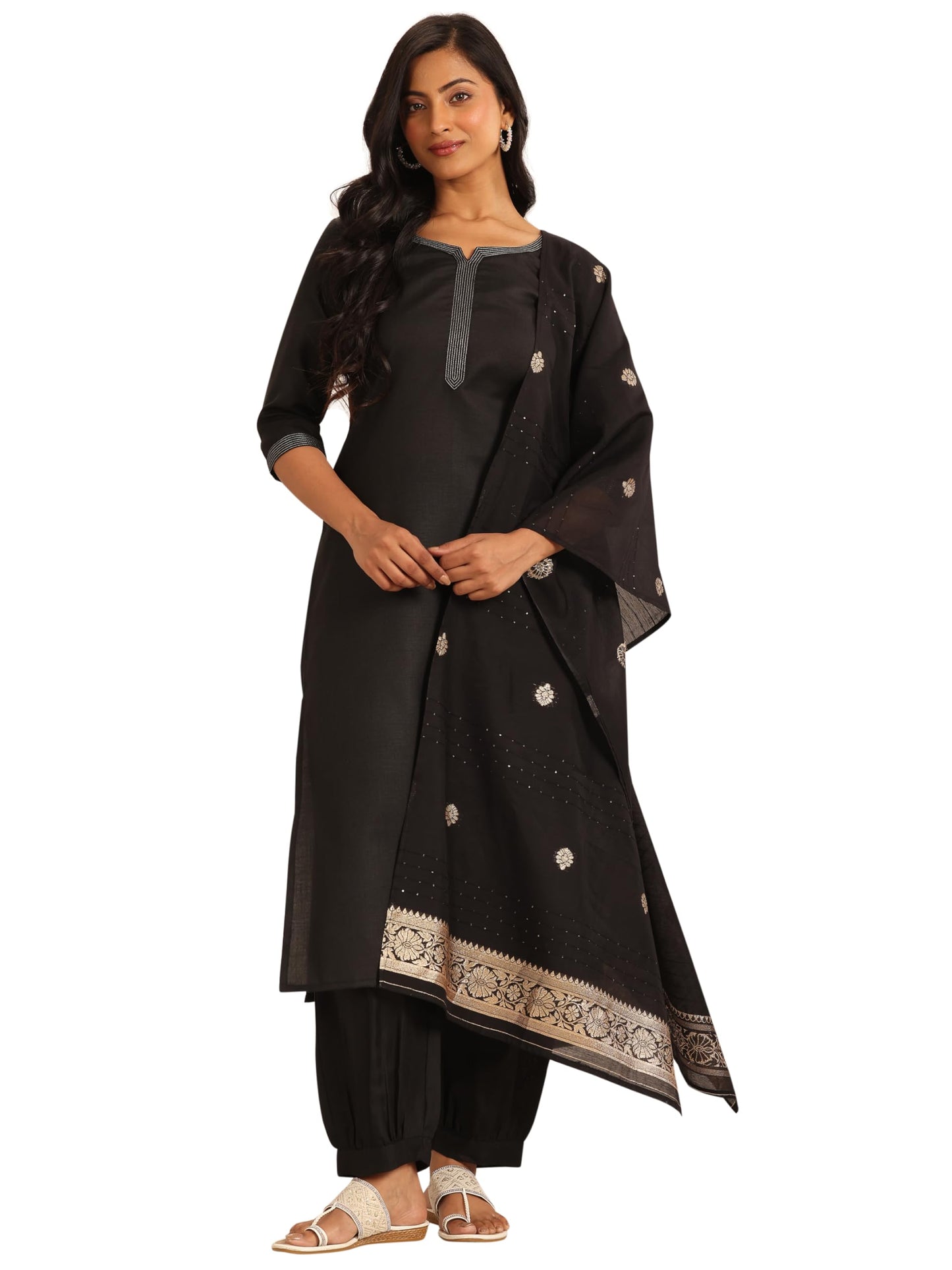 Libas WomenS Silk Blend Solid Kurta Set (39056_Black