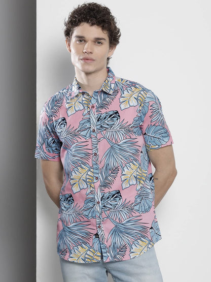 The Indian Garage Co Men Pink Floral Slim Fit Cotton Casual Shirt