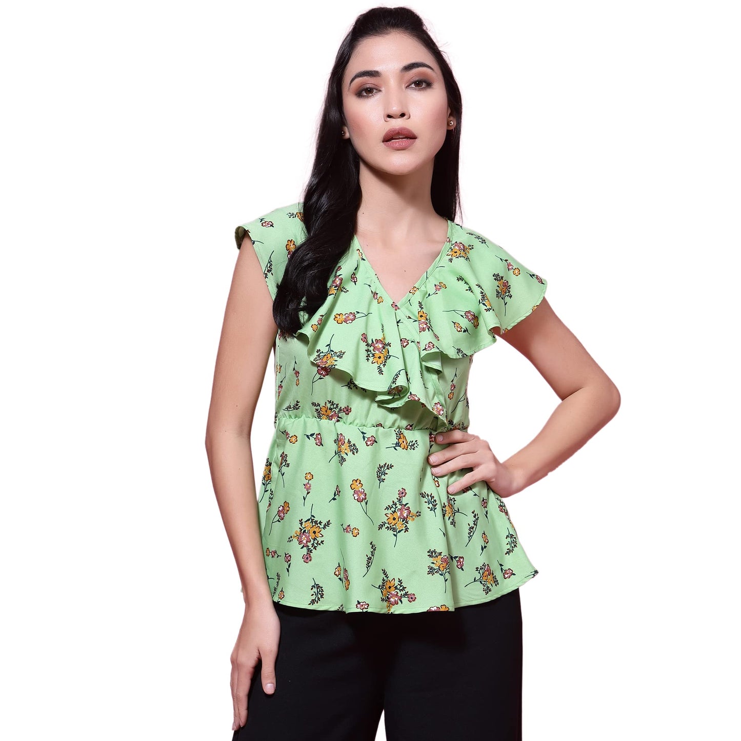 OOMPH! Womens Crepe Printed top with V-Neck and Ruffle Sleeve