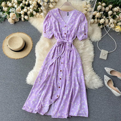 Gufrina Dresses For Women Half Sleeve || Floral Print || V-Neck And Puff Sleeves || Front Open Button & Tie-Up || Midi Dress (La