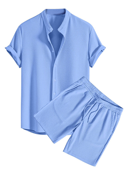 Greciilooks MenS Summer Casual Two Piece Outfit, Textured Button Down Shirt And Shorts Set