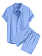 Greciilooks MenS Summer Casual Two Piece Outfit, Textured Button Down Shirt And Shorts Set