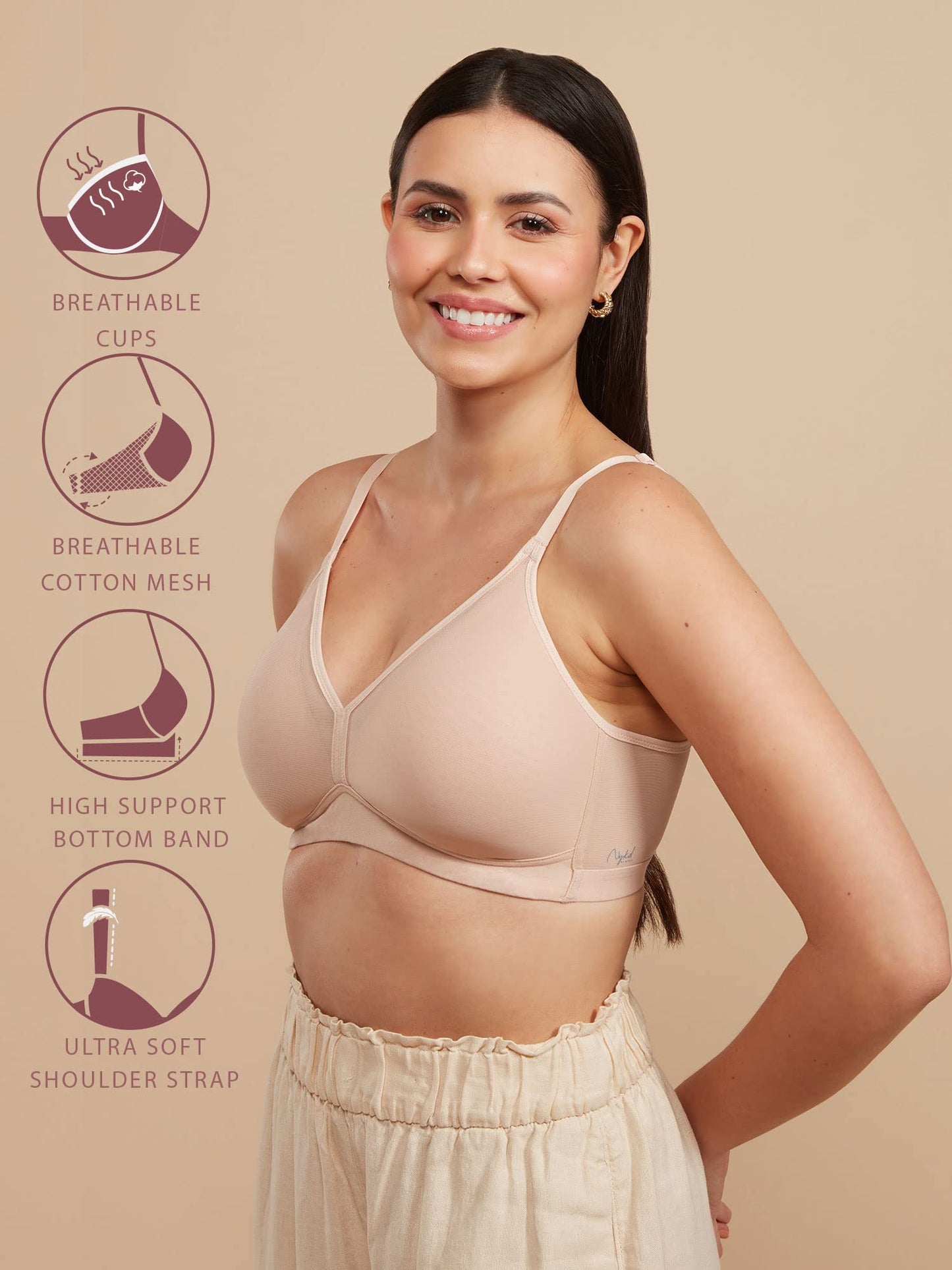 Nykd Ultimate Breathe Triangle T-Shirt Bra For Women Everyday Essentials Wirefree Padded Medium Coverage - T-Shirt Bra, Nyb226,