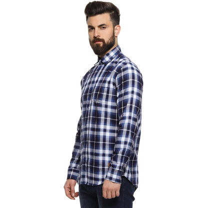 Campus Sutra Mens Navy Blue Tartan Plaid Shirt for Casual Wear | Spread Collar | Long Sleeve | Button Closure | Cotton Shirt Cr