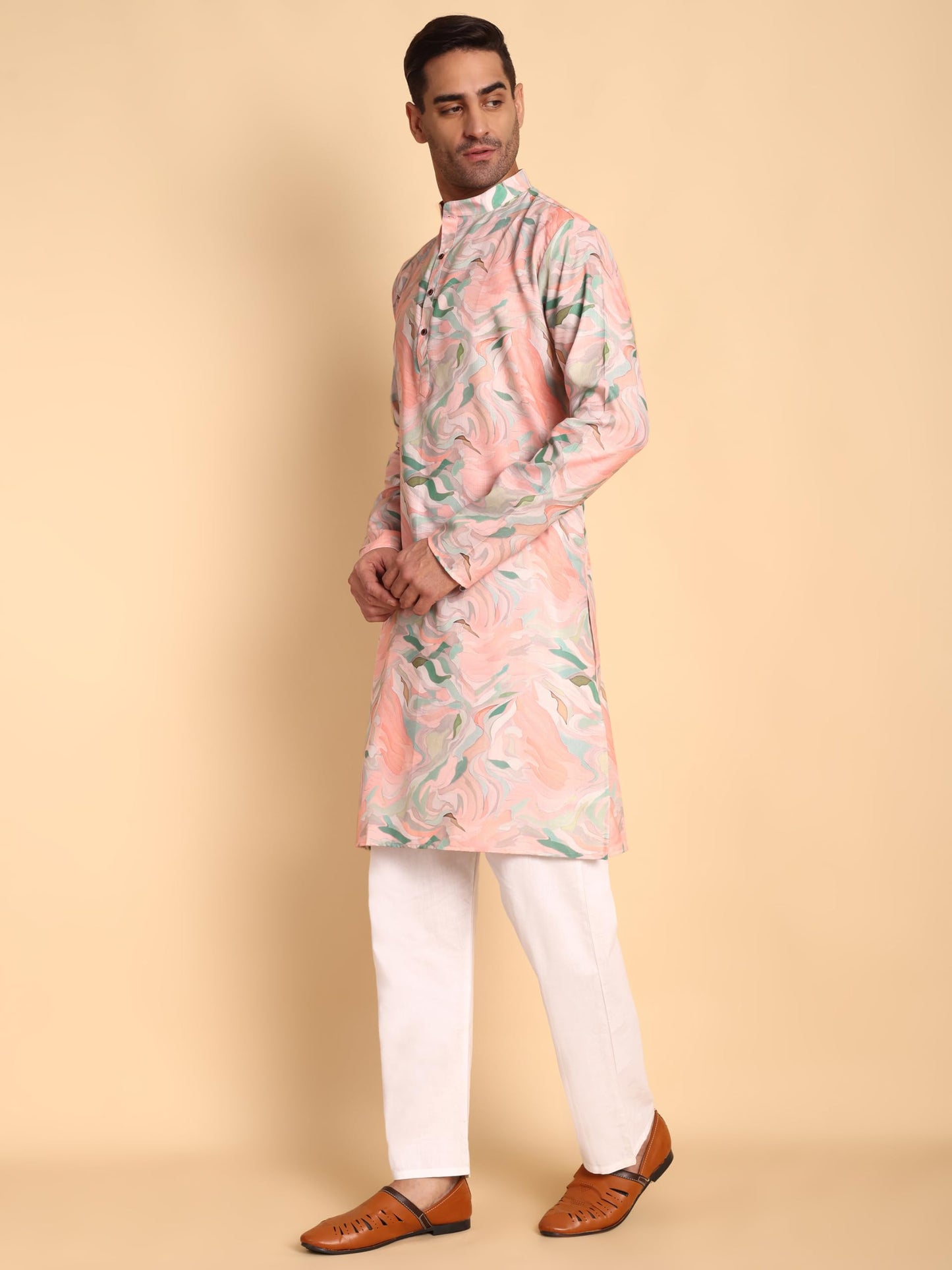 Vardha MenS Cotton Kurta With Impressionist Digital Print Pattern Long Kurtas, Regular Mandarin Collar Straight Fit Printed Kur