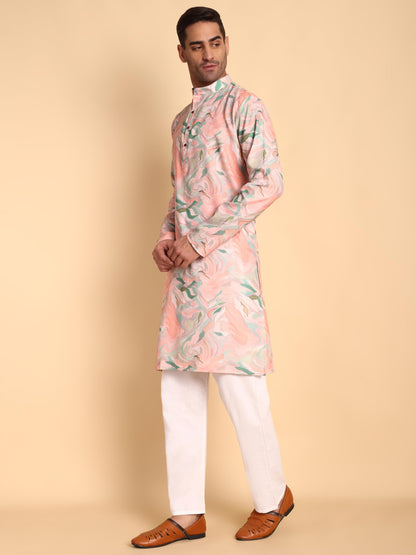 Vardha MenS Cotton Kurta With Impressionist Digital Print Pattern Long Kurtas, Regular Mandarin Collar Straight Fit Printed Kur