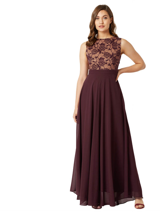 Miss Chase Womens Round Neck Sleeveless Georgette Floral Lace Fit & Flare Maxi Dress